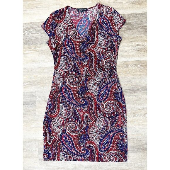 Jones New York Sz M Red Blue Paisley Print Faux Wrap Dress Slinky Stretch - Picture 1 of 6